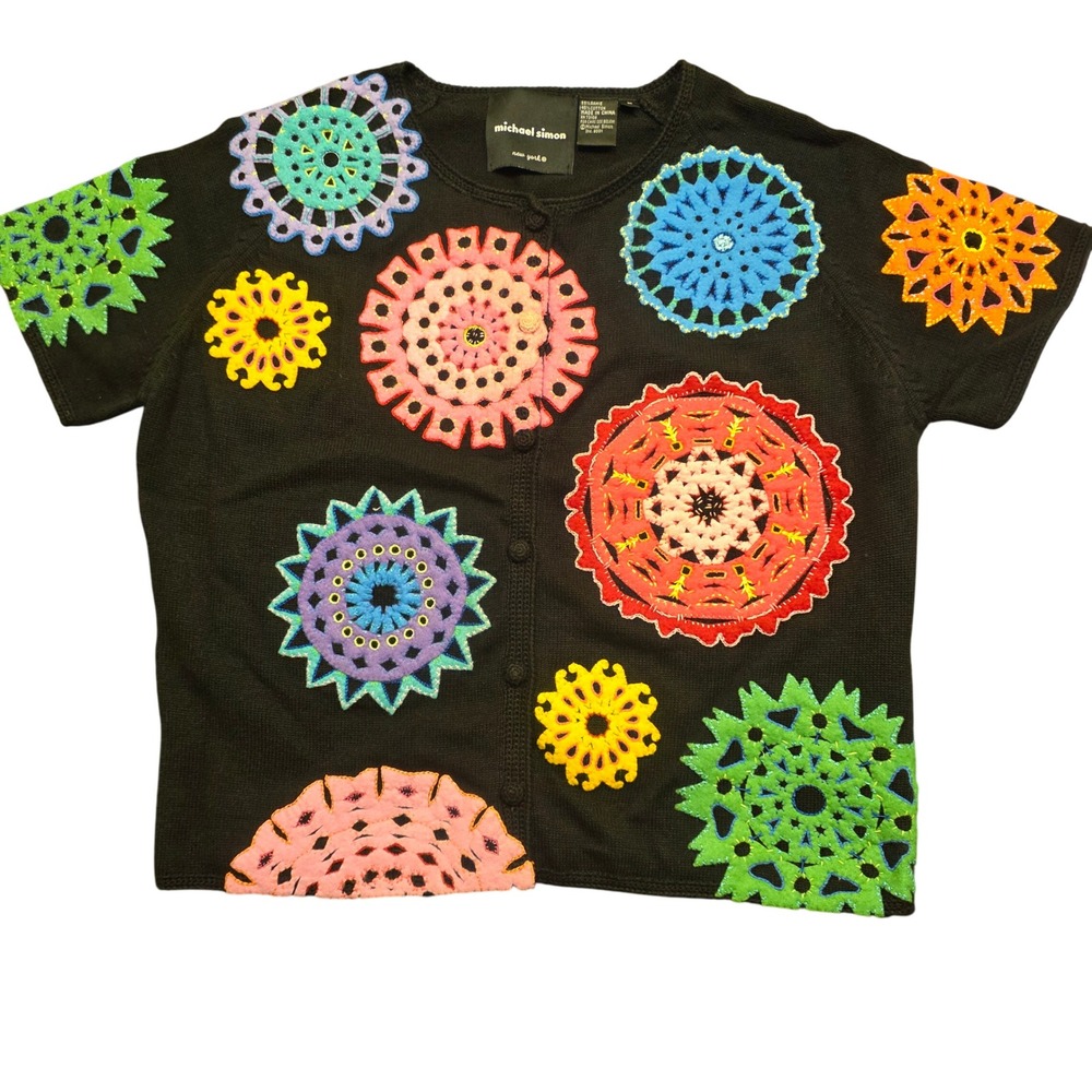 MICHAEL SIMON M Black Crochet Applique‎ Cardigan Artsy Y2K Maximalist Statement